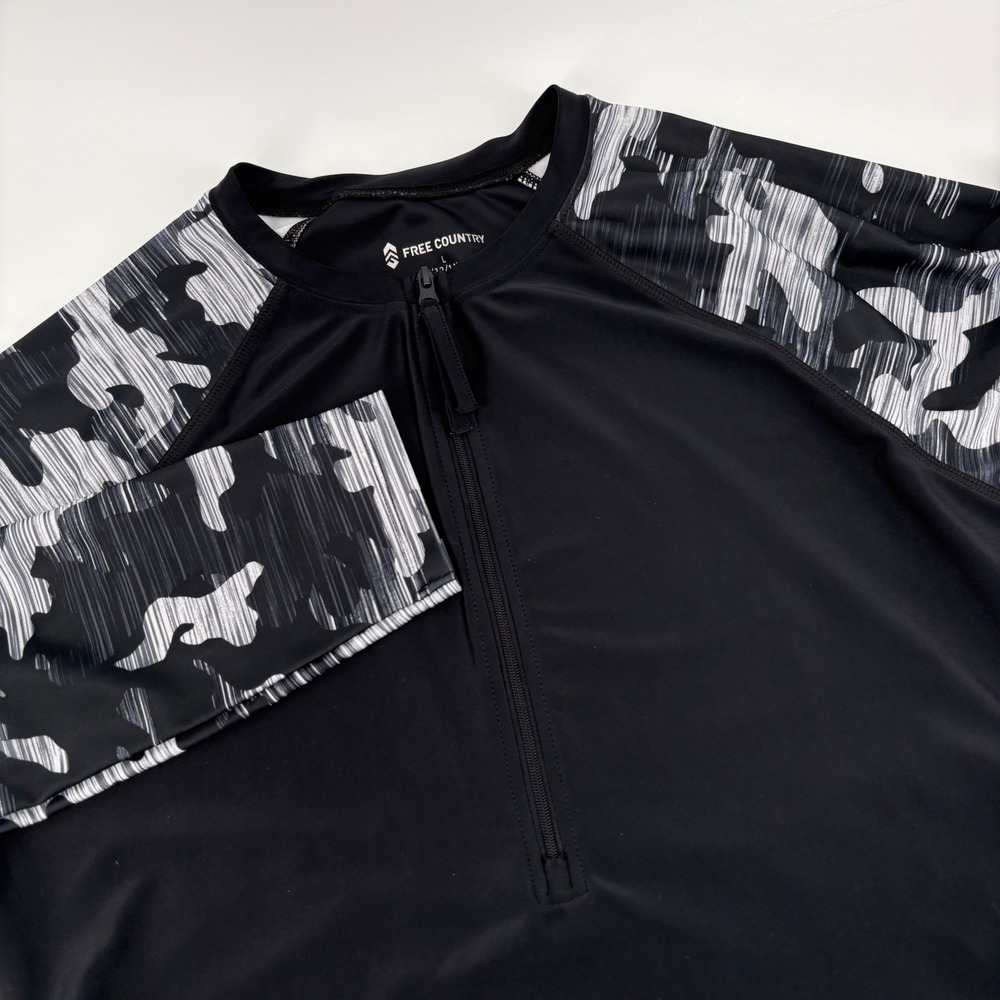 Free Country Women Rash Guard Size L 12/14 Black Camo Quarter Zip Long Sleeve
